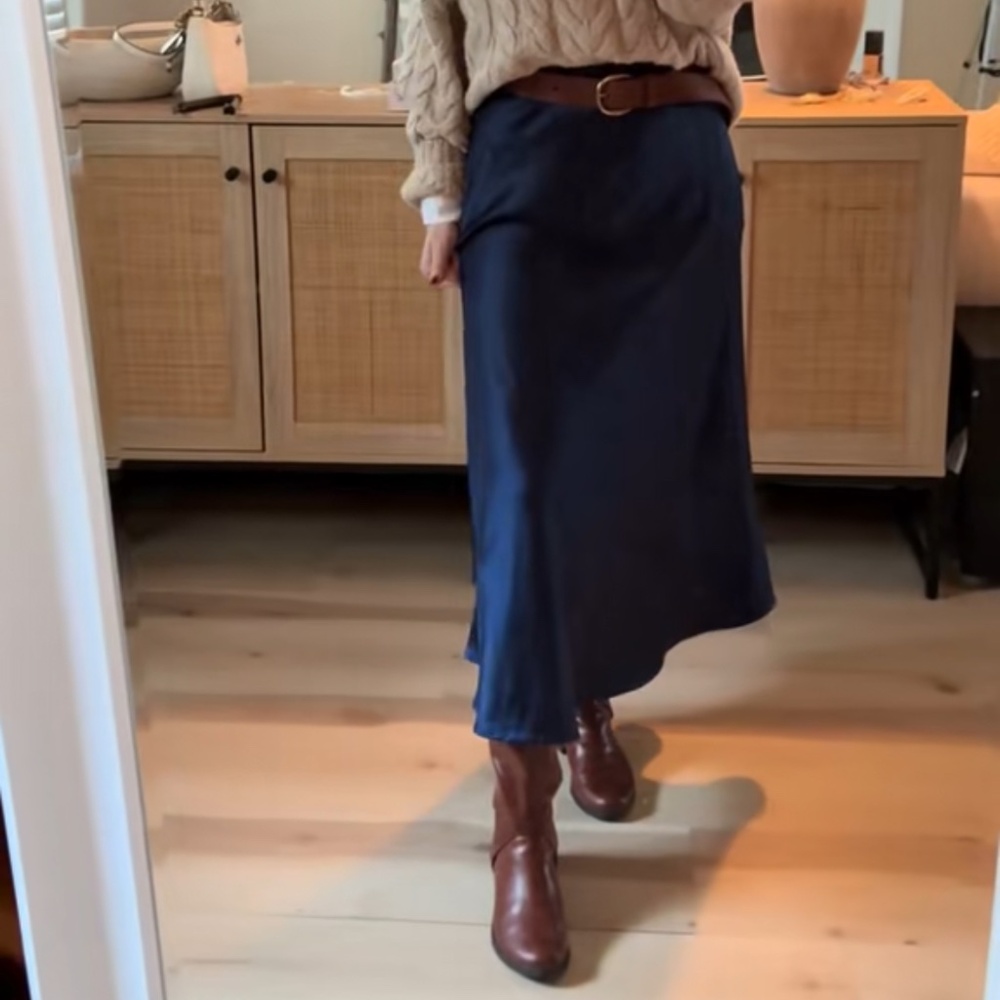 Navy Blue Satin Midi Skirt